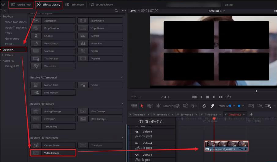 Importieren Sie Videos in DaVinci Resolve und wählen Sie den Splitscreen-Stil aus