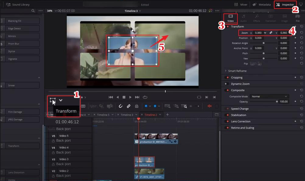 DaVinci Resolve passt die Videogröße und -position an