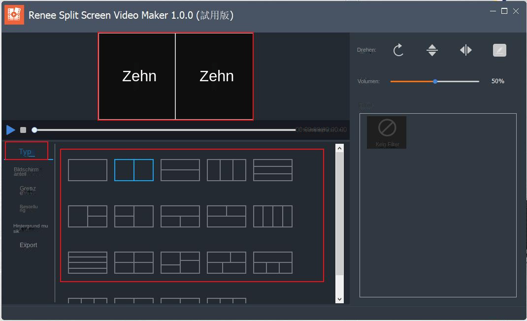 Renee Video Editor-Schnittstelle zur Einstellung des Split-Screen-Videobildschirms