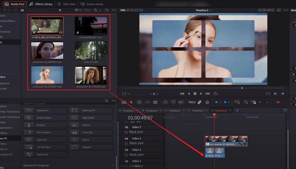 DaVinci Resolve fügt der Timeline neues Videomaterial hinzu