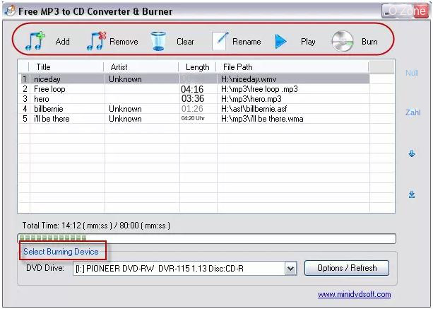 Kostenlose MP3-zu-CD-Konverter- und Brenner-Softwareschnittstelle