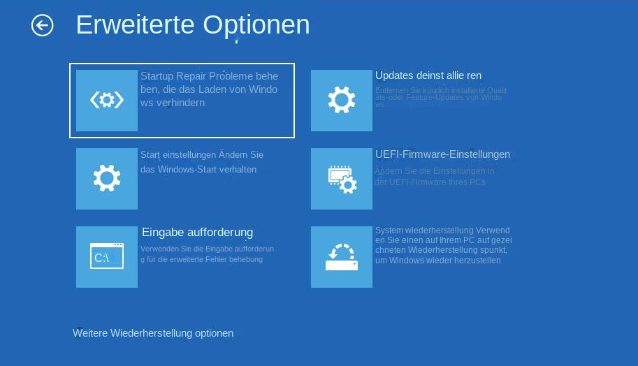 Windows-Wiederherstellungsumgebung Erweiterte Optionen, wählen Sie Startreparatur