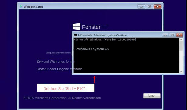Drücken Sie die Tastenkombination Umschalt + F10, um das Fenster der Eingabeaufforderung auf der Windows-Installationsplatte zu öffnen.