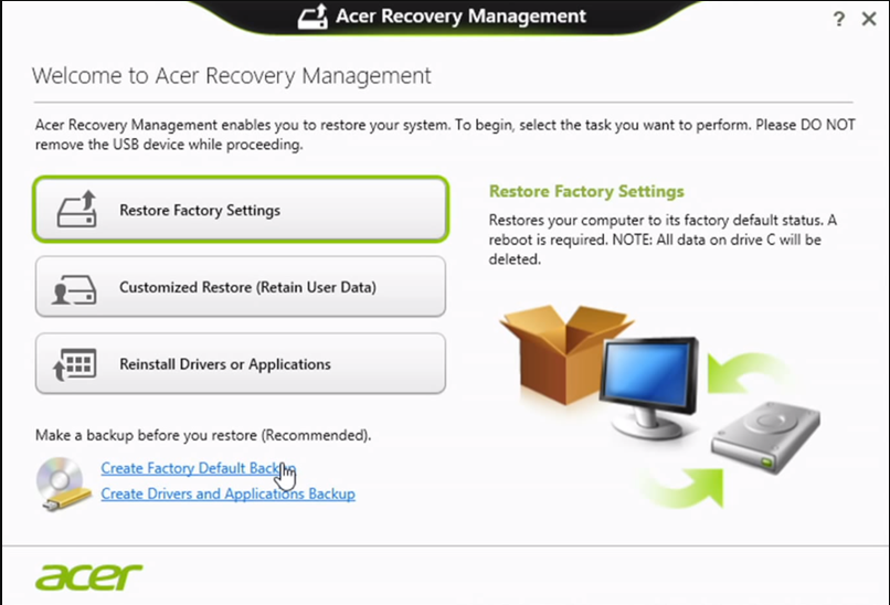 Menü Acer eRecovery Management