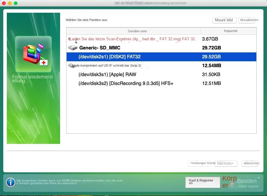 Formatwiederherstellung Partition auswählen mac