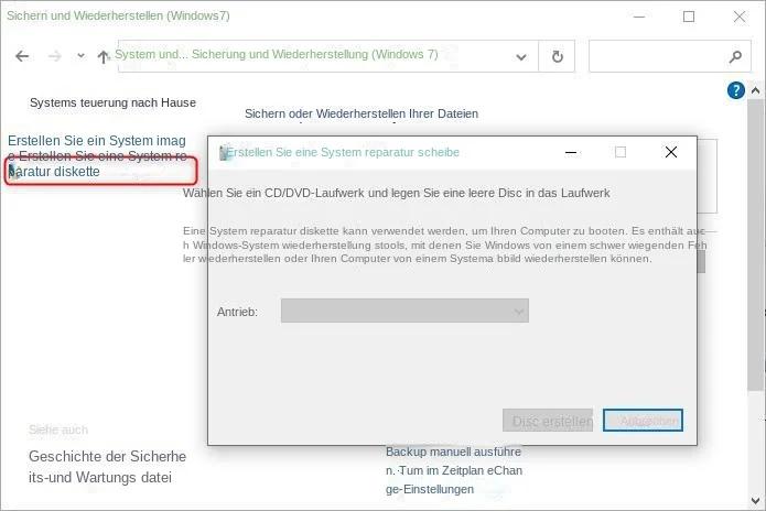Erstellen eines Systemreparaturdatenträgers