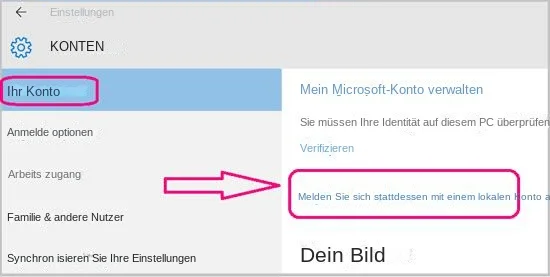 Anmeldung bei Windows 10 mit lokalem Konto statt Microsoft-Konto