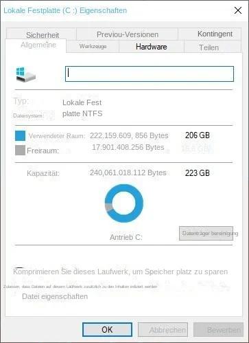Wählen Sie Eigenschaften, um den belegten Speicherplatz anzuzeigen.