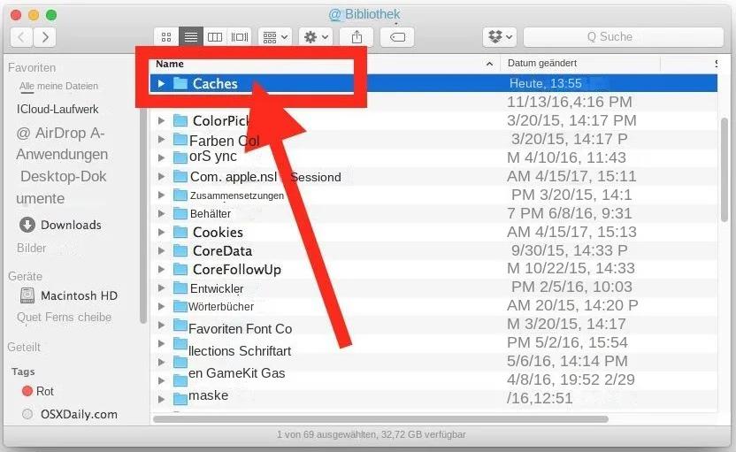 Verschieben von Systemdateien auf die Festplatte in macos