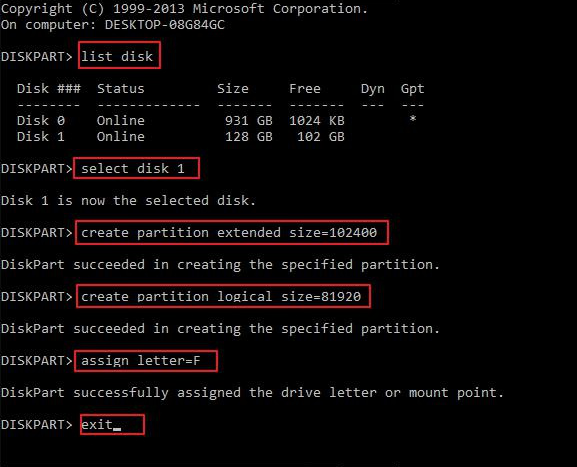 diskpart legt die logische Partition fest