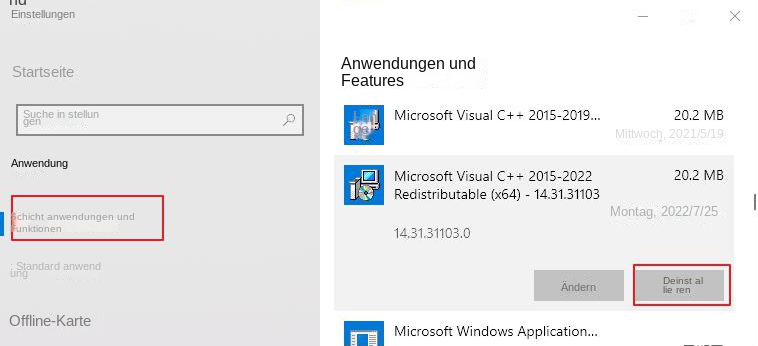 Deinstallieren Sie Microsoft Visual C++