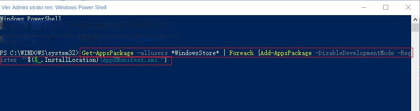 Befehl „Windows Store neu installieren“.