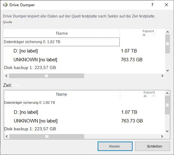 Wählen Sie die Festplatte aus, die Sie sichern und Daten speichern möchten