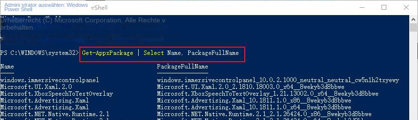 Geben Sie den Befehl „Get-AppxPackage“ ein
