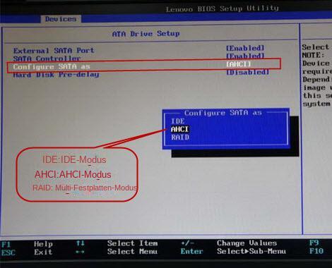 Ändern Sie die Einstellung der SATA-Controller-MODUS-Option