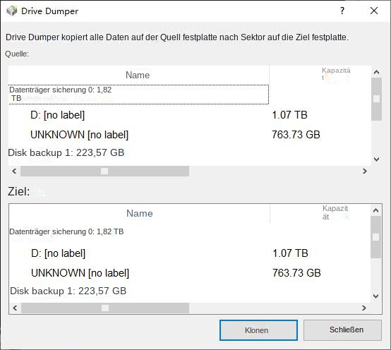 Wählen Sie Backup-Quelle und -Ziel aus