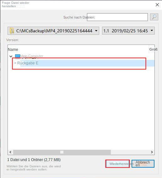 Wählen Sie aus, wo die Wiederherstellung erfolgen soll