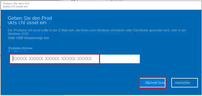 Geben Sie den richtigen Produktschlüssel ein