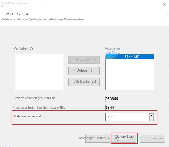 Erweitern Sie den Speicherplatz für die Volume-Auswahl