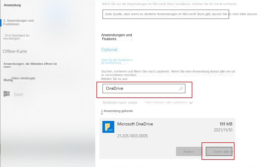 Suchen und deinstallieren Sie Microsoft OneDrive