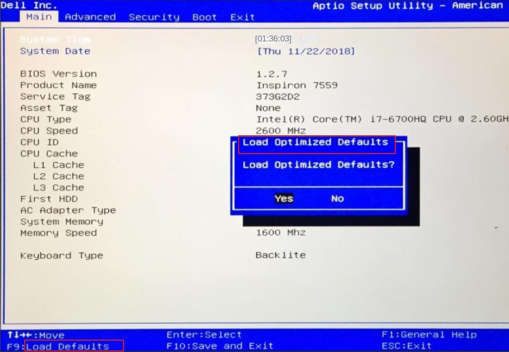 Standardeinstellungen für das Laden der BIOS-Optionen des Dell-Computers
