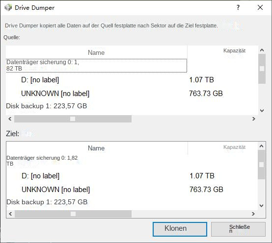 Wählen Sie Backup-Quelle und -Ziel aus