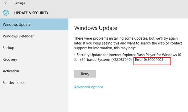 Windows Update-Fehler 0x80004005