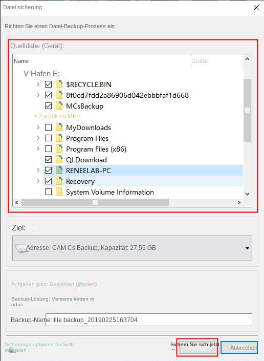 Wählen Sie die zu sichernden Dateien aus