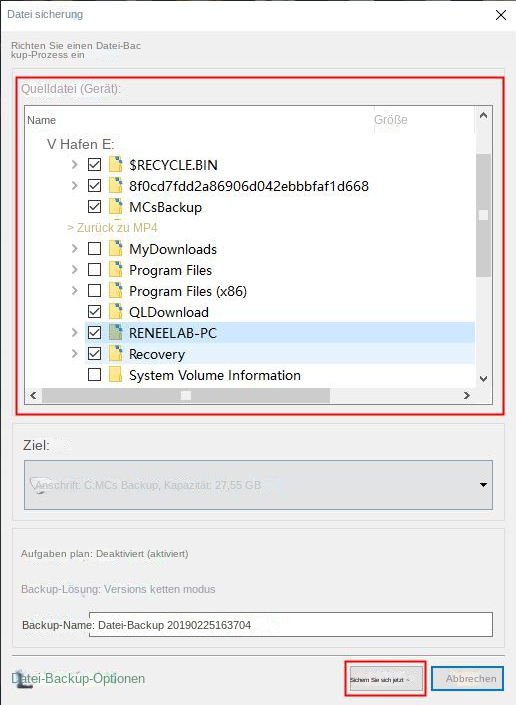 Wählen Sie die zu sichernden Dateien aus