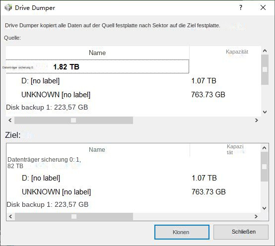 Wählen Sie die Festplatte aus, die Sie sichern und Daten speichern möchten