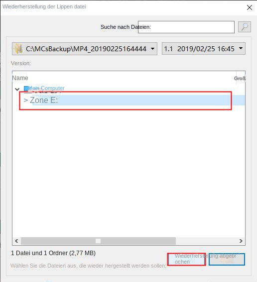 Wählen Sie aus, wo die Wiederherstellung erfolgen soll