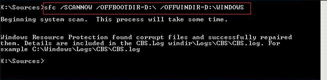 sfc /scannow /offbootdir=D: /offwindir=D:windows
