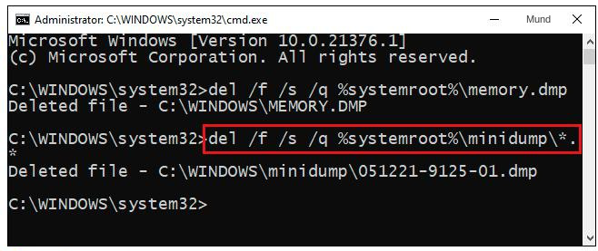 Geben Sie die Befehlszeile ein, um die Minidump-Datei zu löschen