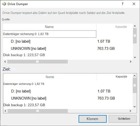 Wählen Sie die Originalfestplatte und das Ziel für die Datensicherung aus