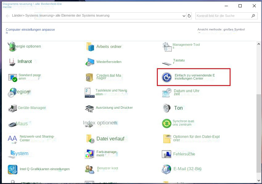 Öffnen Sie die Option Ease of Access Center