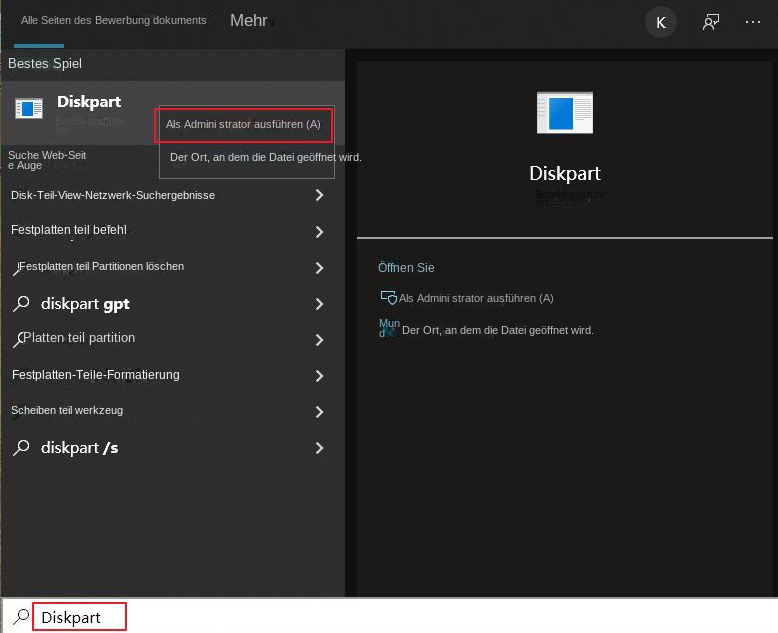 Durchsuchen Sie Diskpart