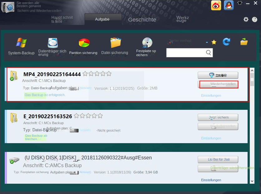 Überprüfen Sie die Liste der Sicherungsaufgaben und klicken Sie auf Wiederherstellen