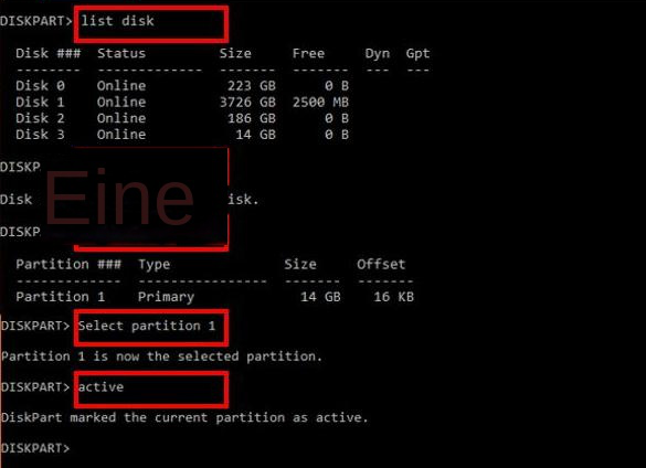 diskpart markiert die aktive Partition