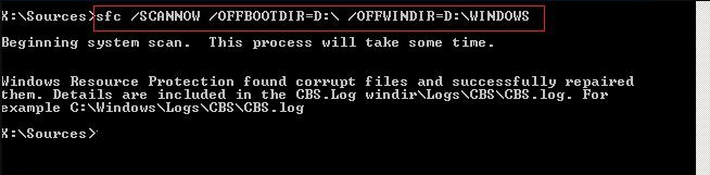 Führen Sie sfc /scannow /offbootdir=D: /offwindir=D:windows aus