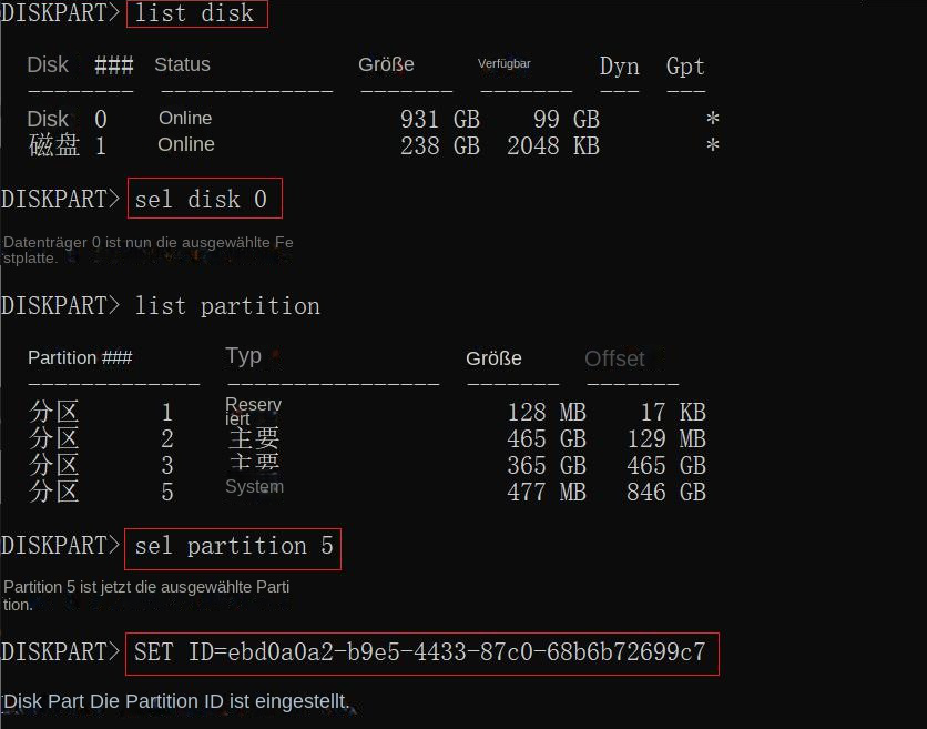 diskpart set-Partitions-ID