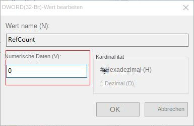 Setzen Sie die RefCount-Wertdaten auf 0