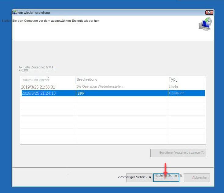 Systemwiederherstellung Wiederherstellungspunkt auswählen