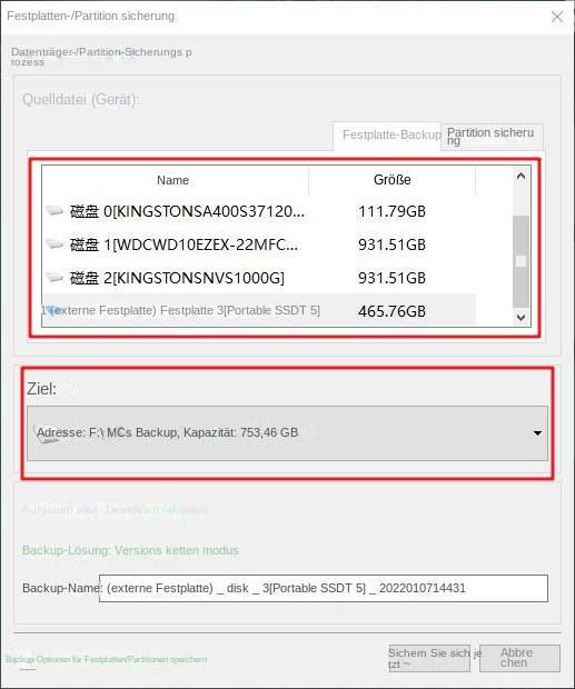 Wählen Sie eine Festplatte zur Sicherung aus