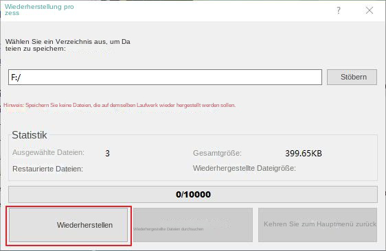 Wählen Sie den Speicherort für die Wiederherstellung der Dateien aus und klicken Sie auf „Wiederherstellen“.