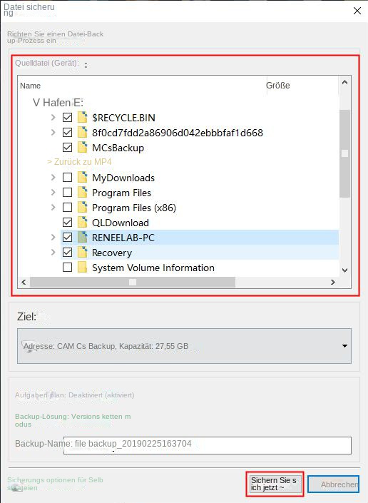 Wählen Sie die zu sichernden Dateien aus