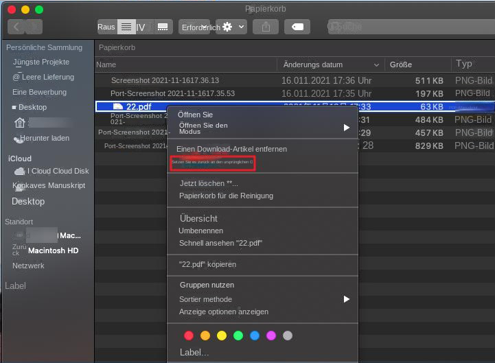 Setzen Sie den Papierkorb wieder an seinen Platz, Mac
