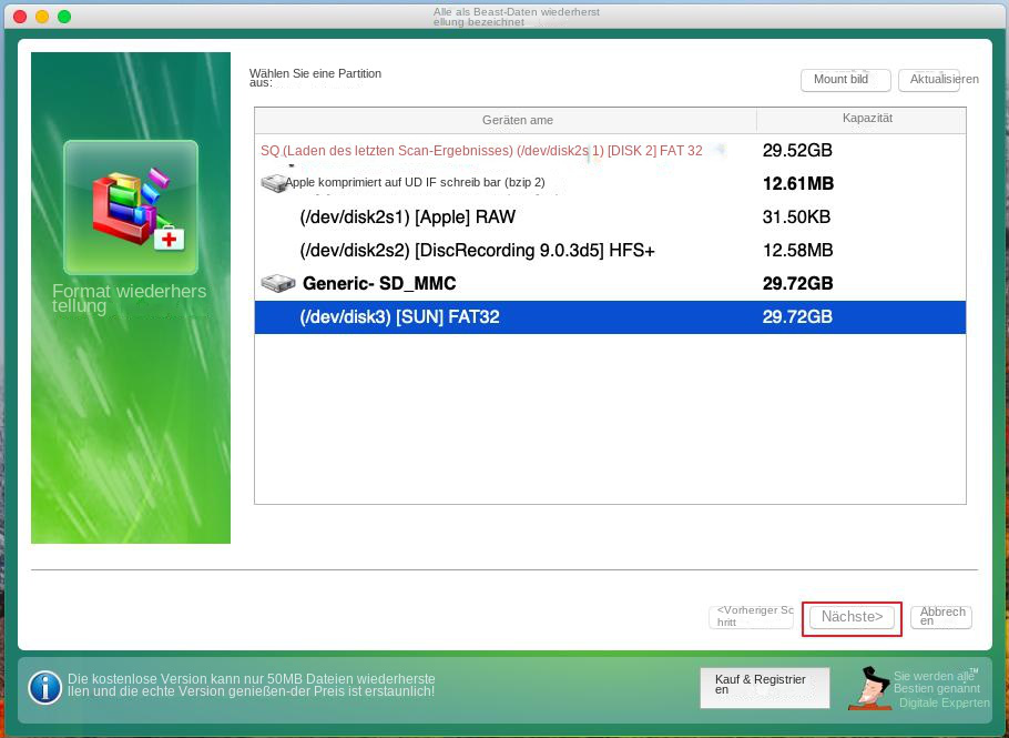 Die formatierte Wiederherstellung der Mac-Version wählt die zu scannende Partition aus