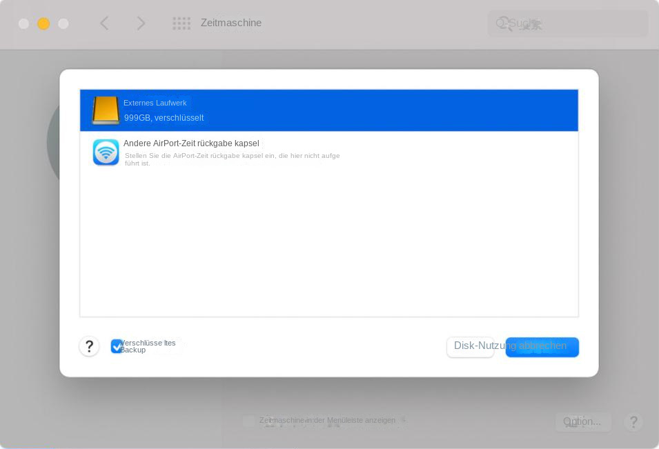 Zeitmaschine verwendet Festplatte
