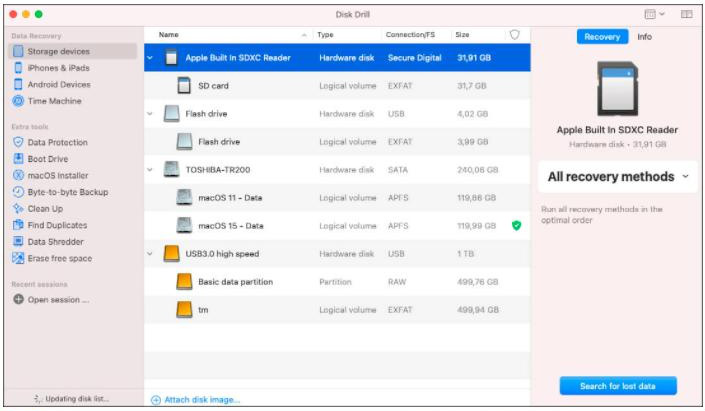 Bedienoberfläche der Disk Drill-Software