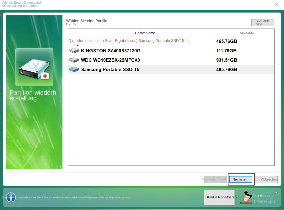 Wählen Sie das Zielgerät für die Partitionswiederherstellung aus